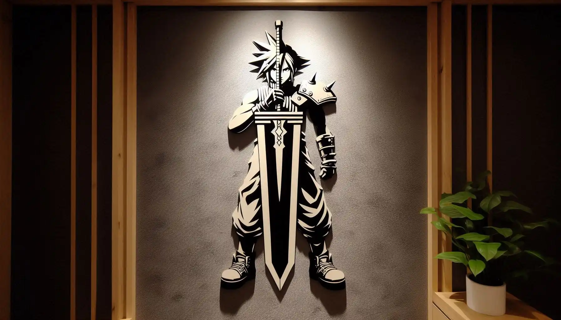 Cloud Strife holding his buster sword replica. Displayed in a wall.