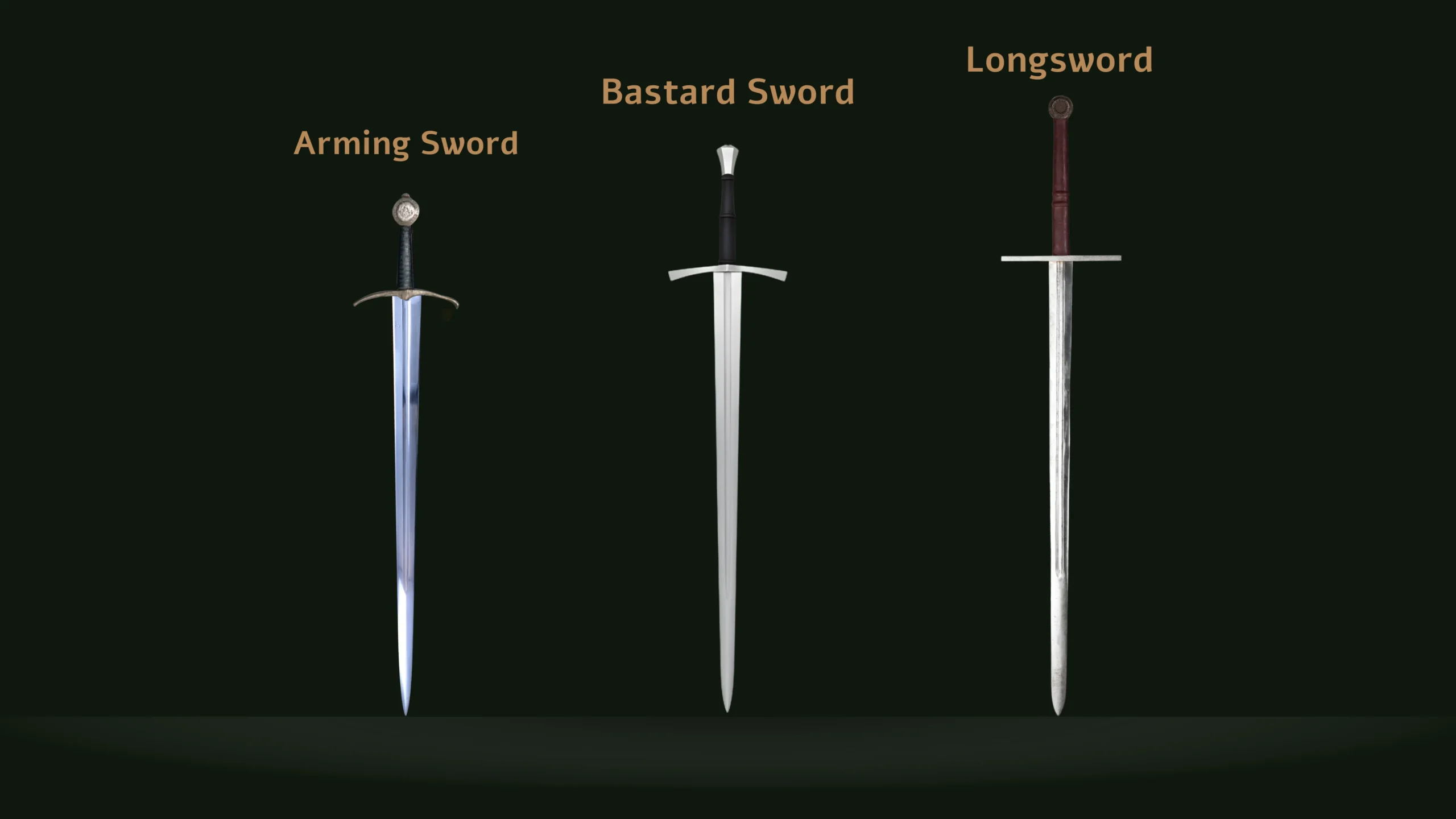 The bastard sword next to the arming sword and longsword, with its differences in length and shape