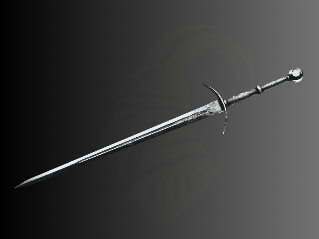 Image of the Bastard Sword from the video game Elden Ring, showcasing its long, straight blade and simple hilt, inspired by historical bastard swords.
