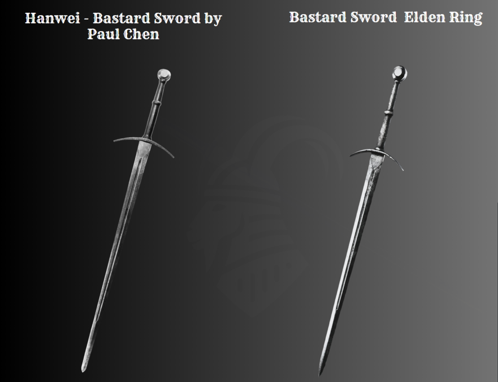 Comparison image featuring the Bastard Sword from Elden Ring alongside the Hanwei - Bastard Sword by Paul Chen, a battle-ready bastard sword.