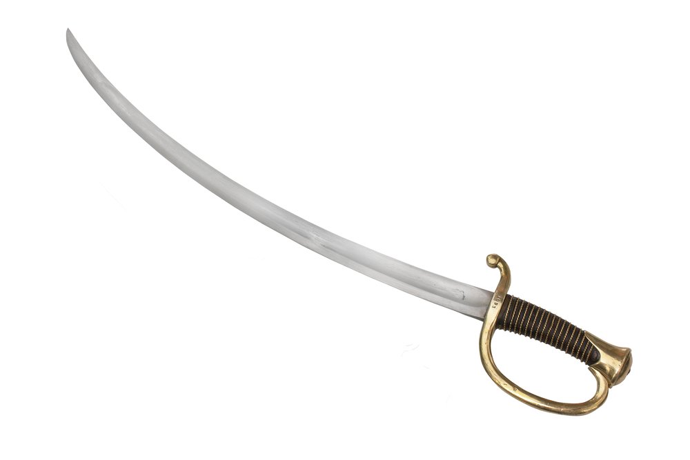 French Briquet sword with its short, broad blade and simple brass hilt, isolated on a white background, highlighting its Napoleonic-era design.