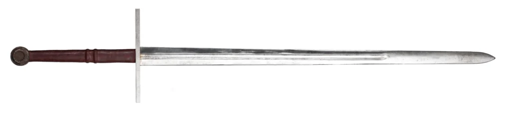 Great War Sword Tinker against a white background, showing its long steel blade, brown handle, and simple cross-guard and pommel.