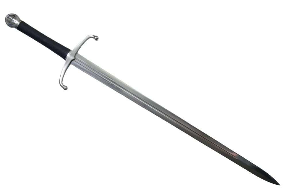 Longsword displayed against a white background, showcasing its detailed blade and hilt