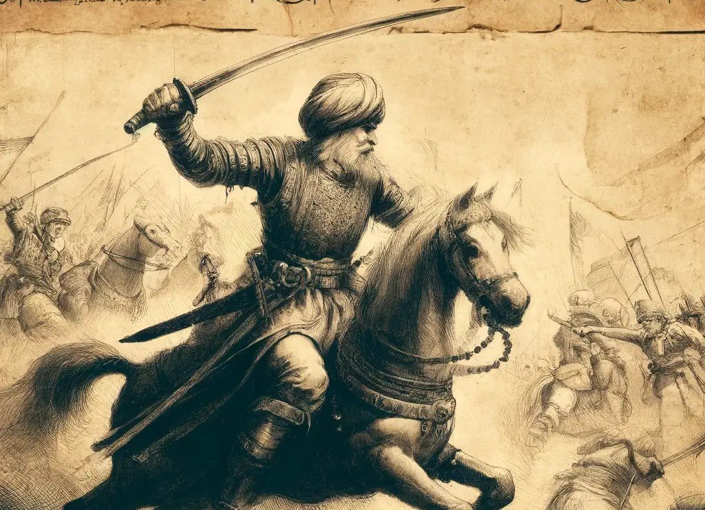 AI-generated illustration of an Ottoman soldier in battle, mounted on a horse and wielding a sabre sword, dressed in traditional combat attire.