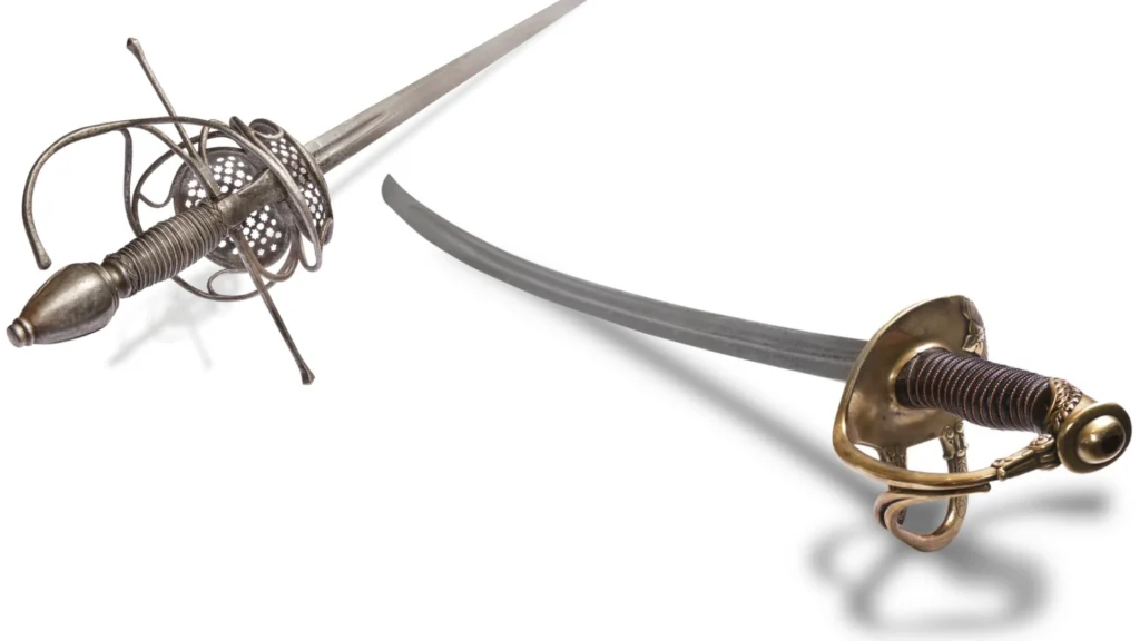 Comparison between a rapier (left) and a sabre (right), showcasing their distinctive designs and hilts.