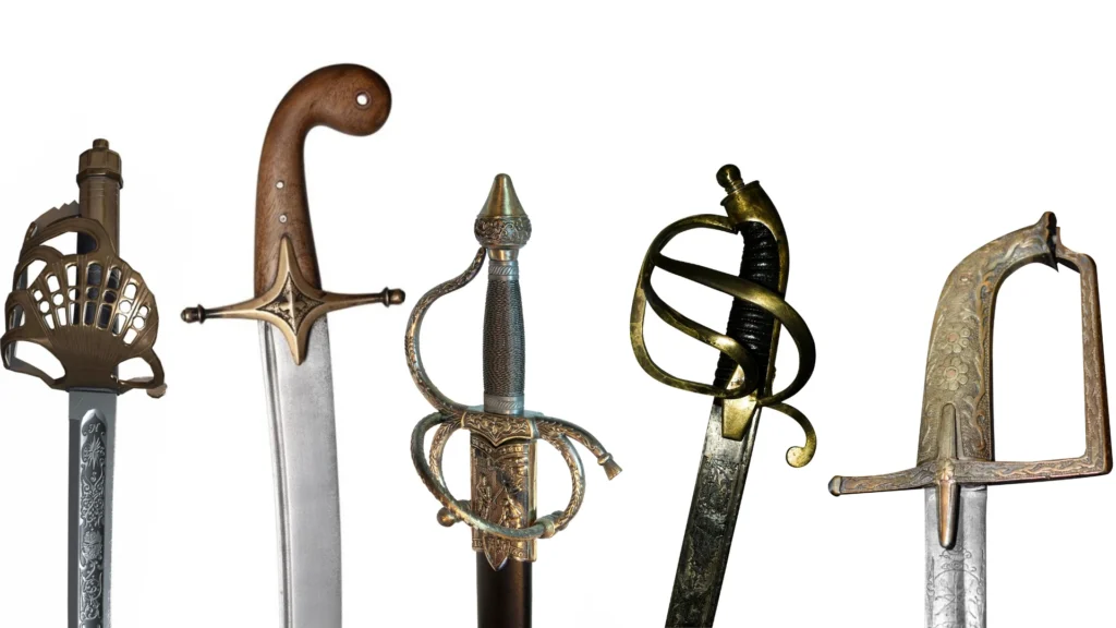 Collection of sabre swords displaying different handle designs and guard styles, highlighting variations in craftsmanship and functionality.