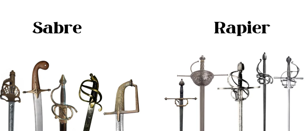 Variety of hilts: sabres (left) vs. rapiers (right), illustrating the distinct styles and designs of each sword type.