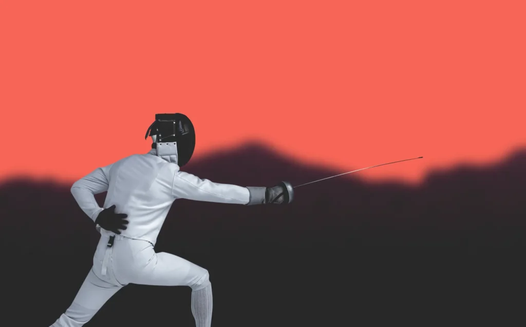 Fencer in action performing a lunge with a rapier.