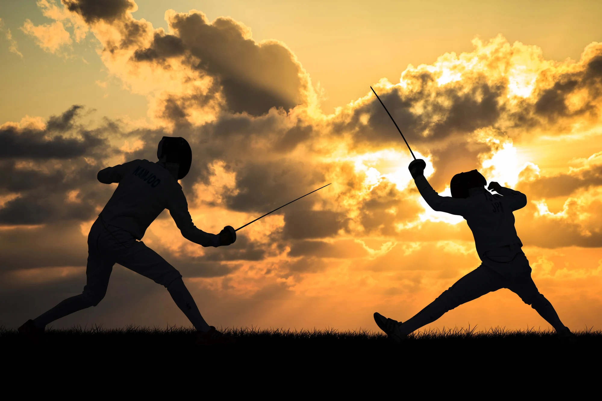 Two fencers dueling at sunset, silhouetted against a dramatic sky.