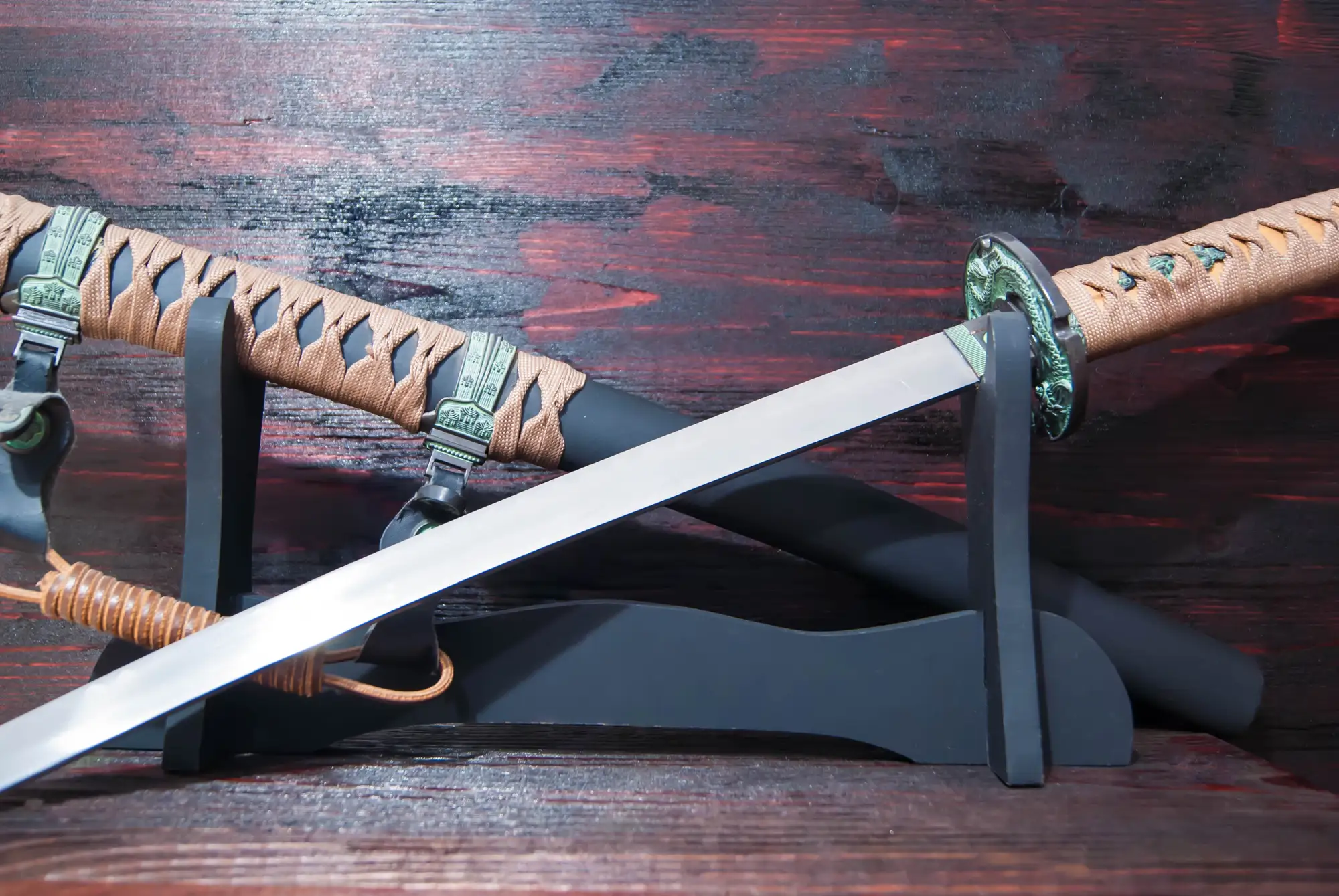 Katana sword displayed in a horizontal stander