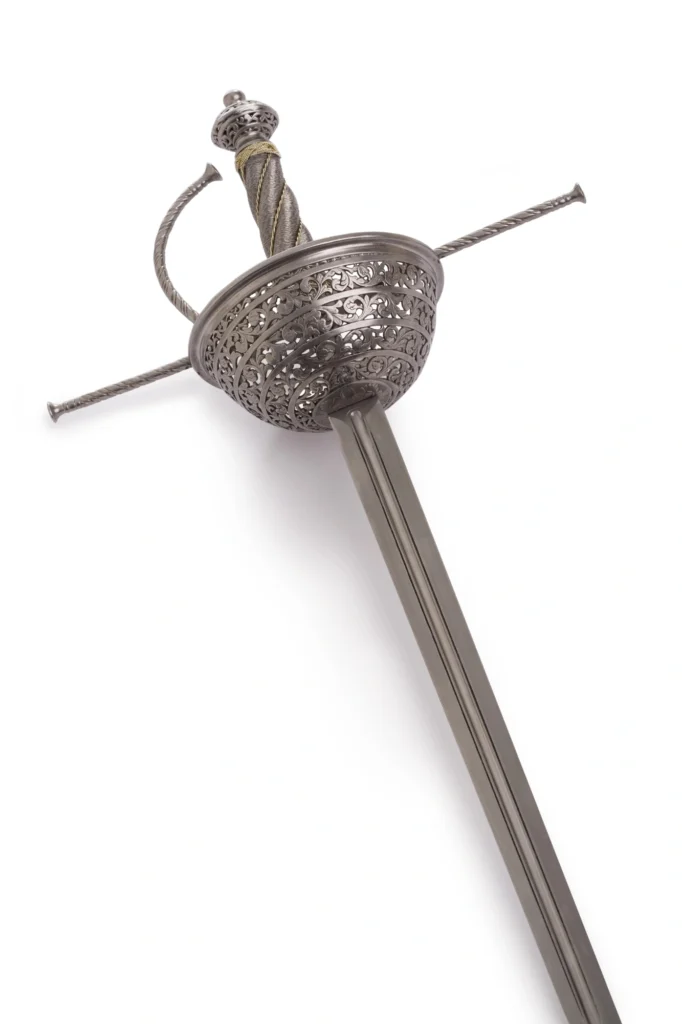 Ornate rapier with an intricately designed cup hilt and twisted wire-wrapped grip.