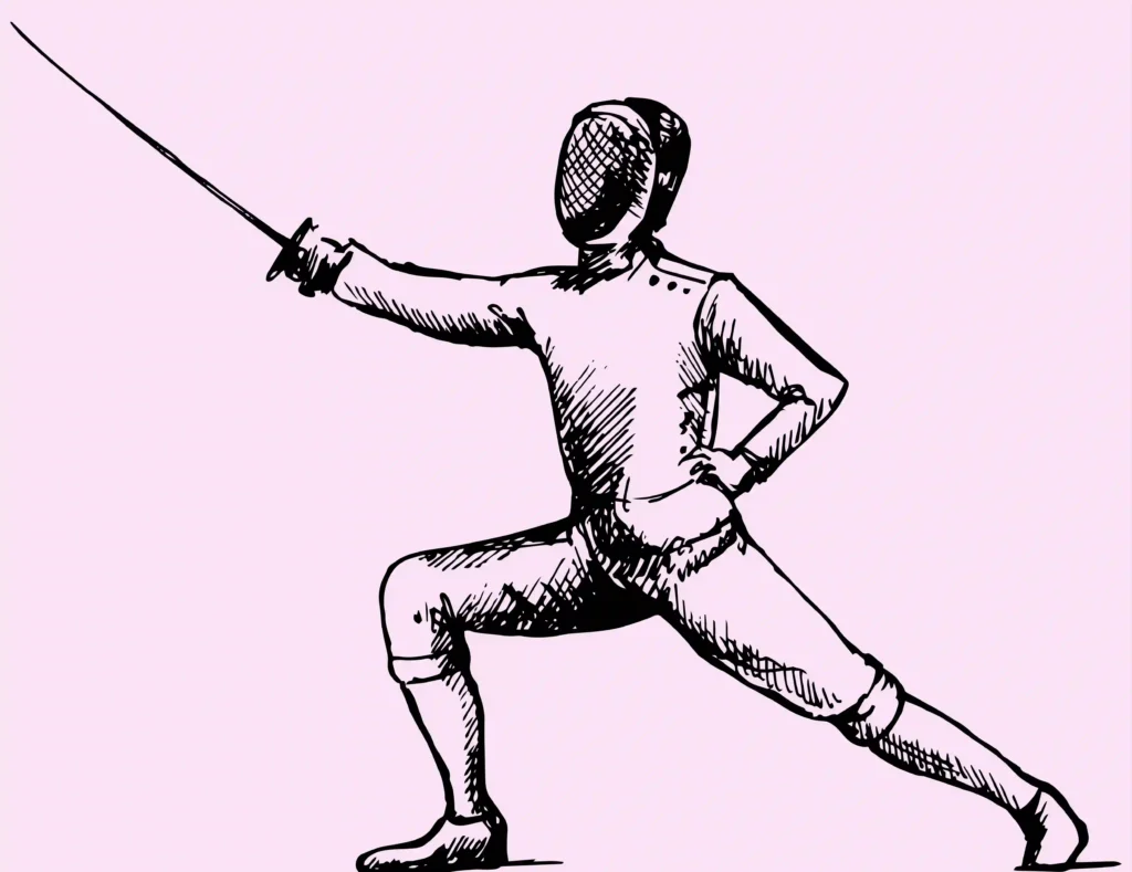 Illustration of a fencer in a lunge position with a rapier.
