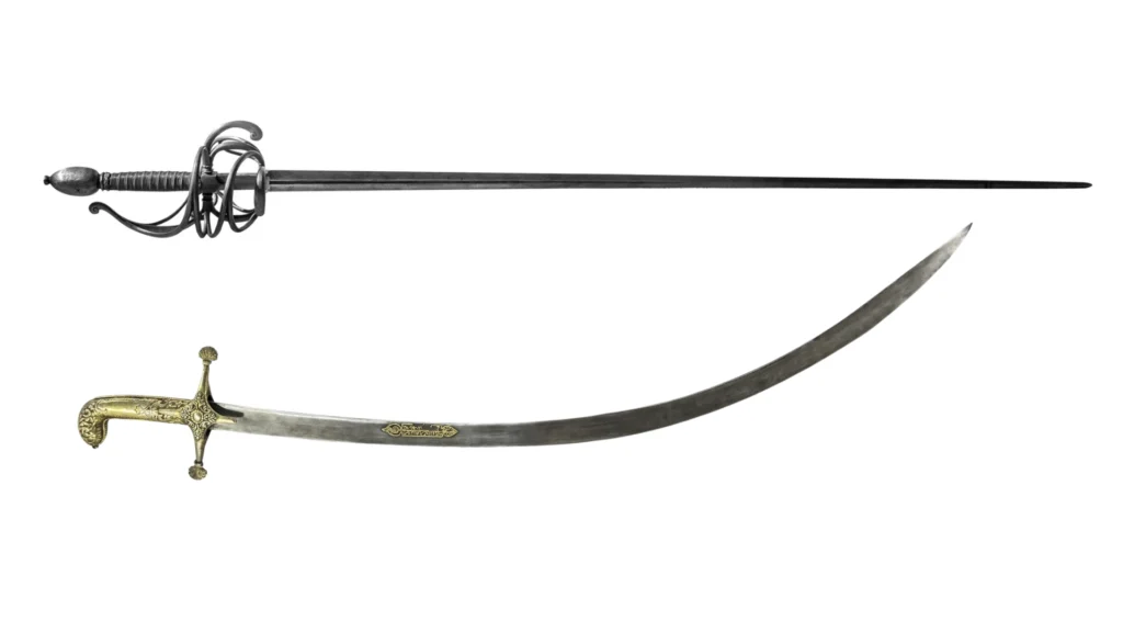 Side-by-side comparison of a rapier (top) and a sabre (bottom), highlighting their different blade shapes and hilts.