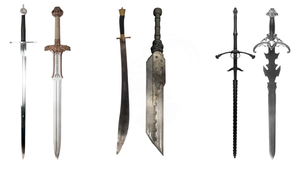 Historical sword on the left, fantasy swords on the right.