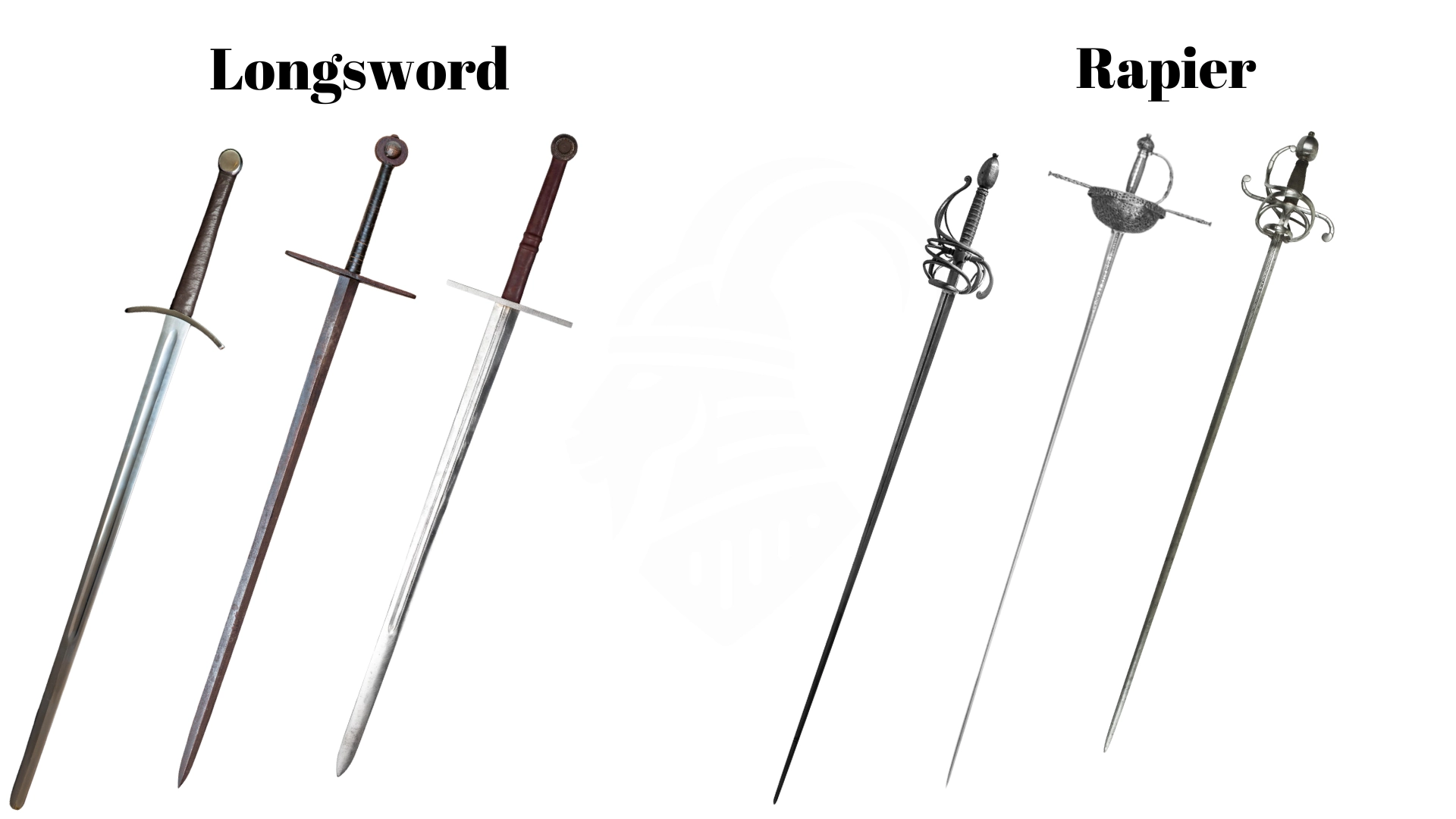 Design and structure of Longswords compare to the Rapiers giving a clear example of how they look with diffrent swords of both types.