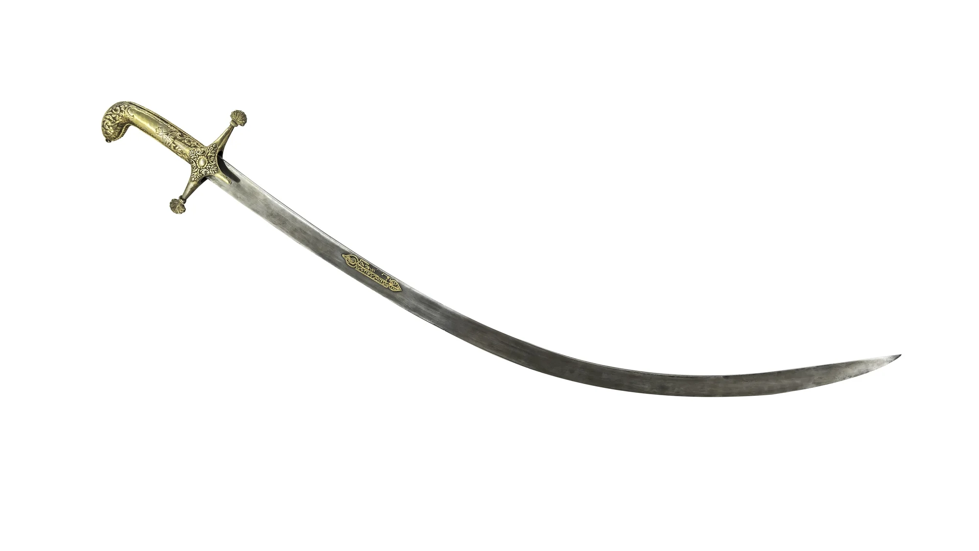 Close-up of a sabre sword with a curved blade and ornate handle, isolated on a white background.
