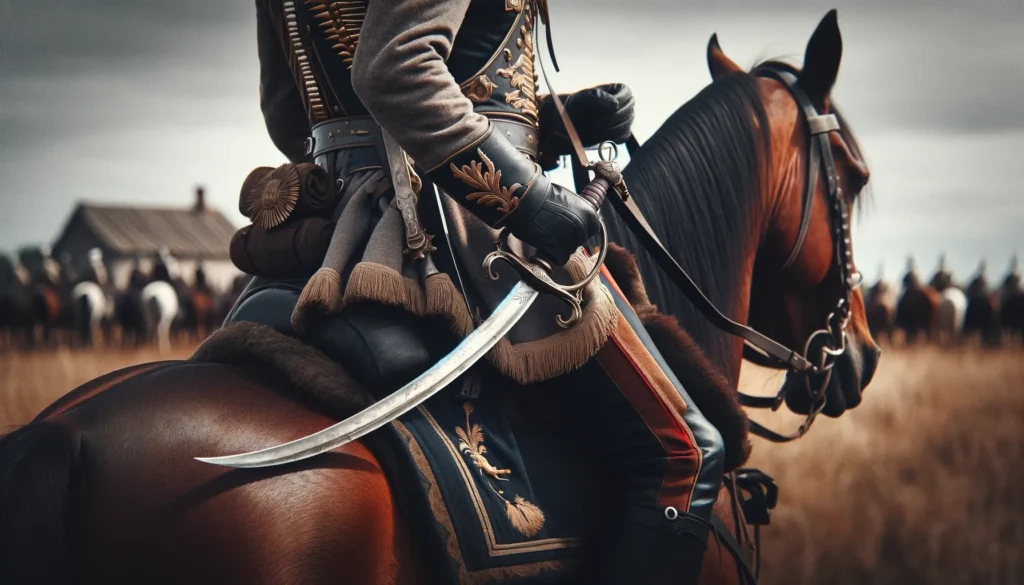 A historical cavalry soldier on a horse, holding a simple curved saber in an open field.