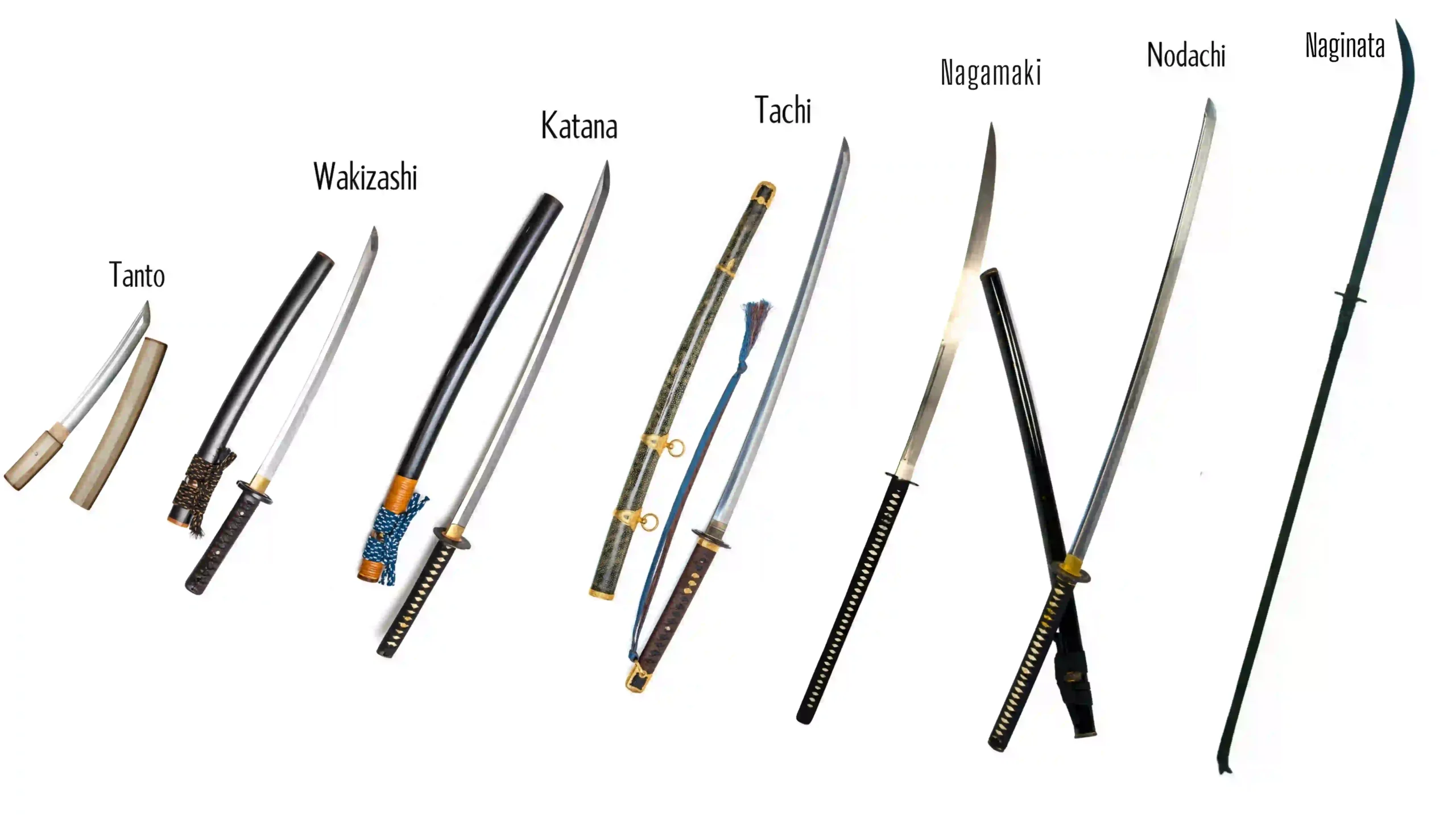 All swords used by samurai warriors displayed in white background. Tanto, wakizashi, katana, tachi, nagamaki, nodachi and naginata.