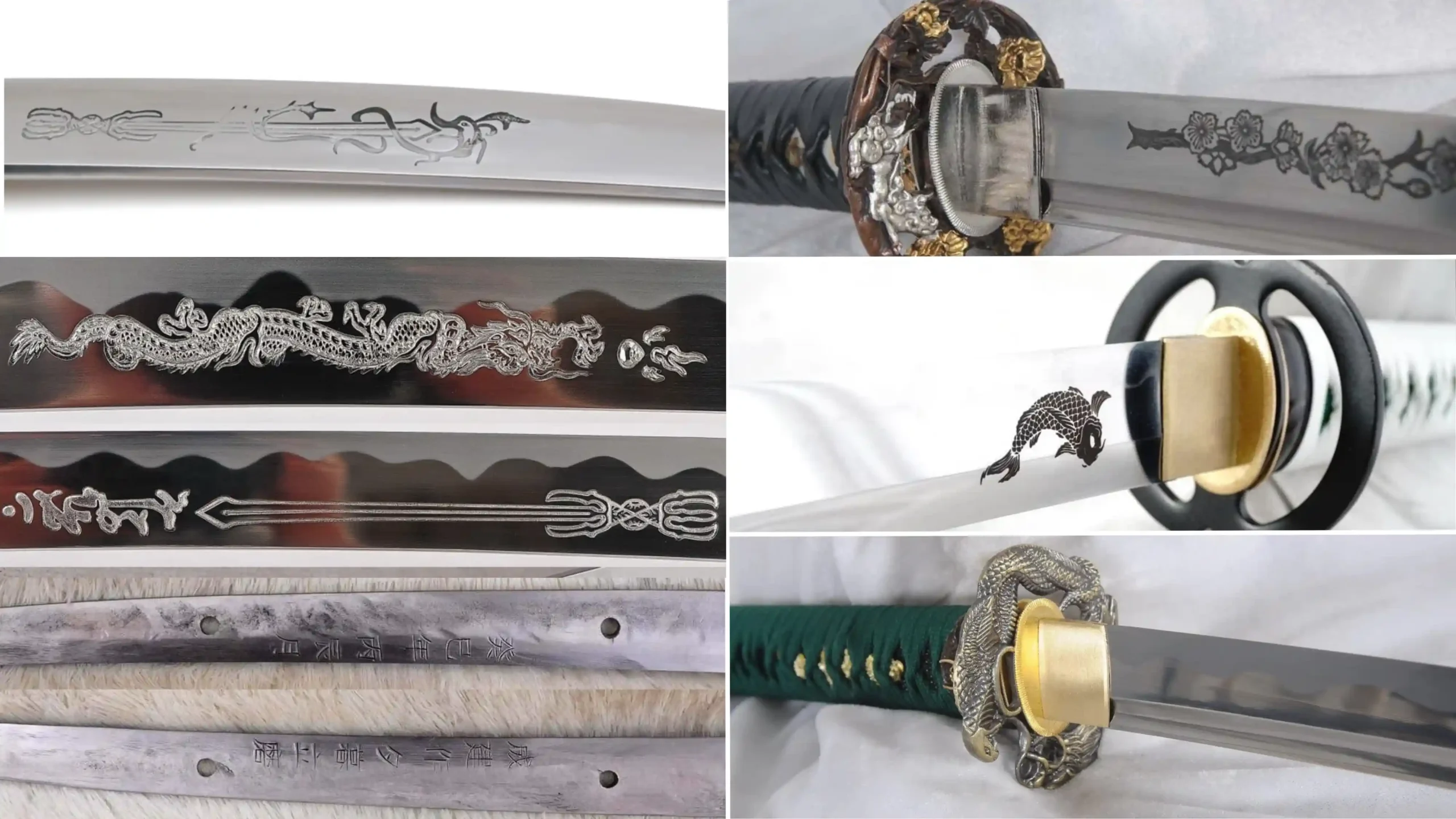 Different custom katanas with different engravings.