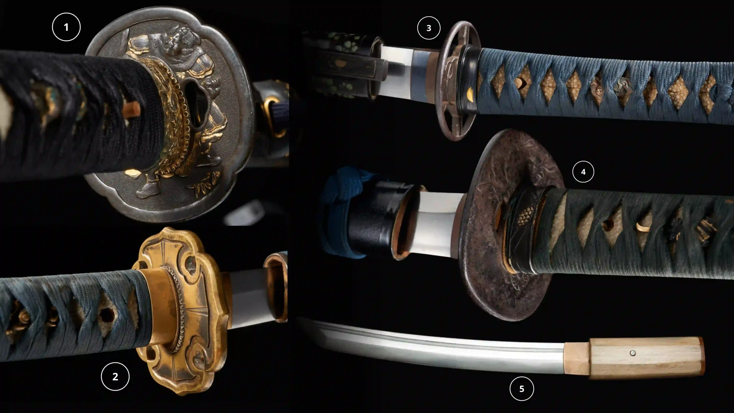 Close-up of five samurai sword tsuka handles: 1. katana, 2. tachi, 3. wakizashi, 4.Nodachi, 5. tanto