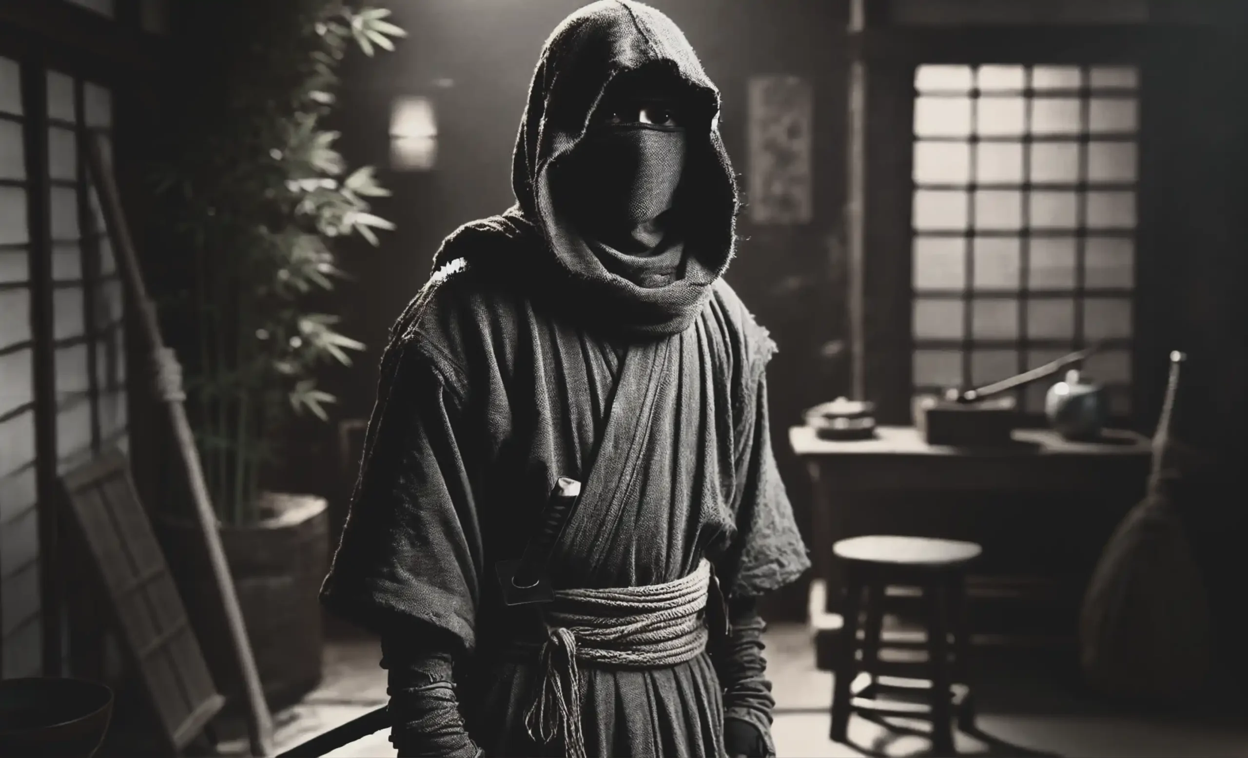 A ninja in a dark, hooded outfit stands in a dimly lit room.