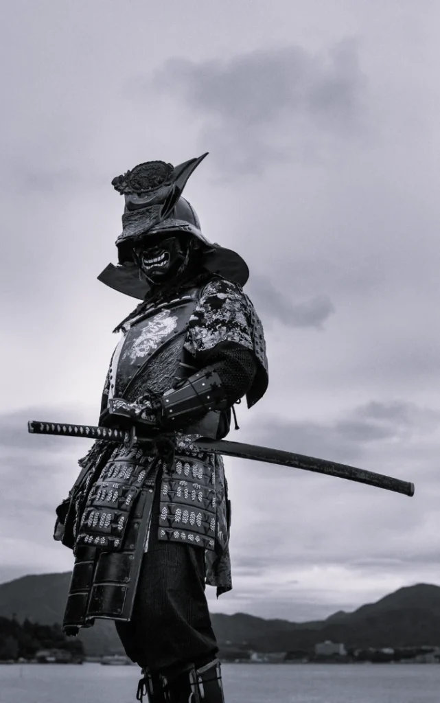 A samurai in traditional armor, holding a katana, stands ready for battle with a mountainous backdrop.