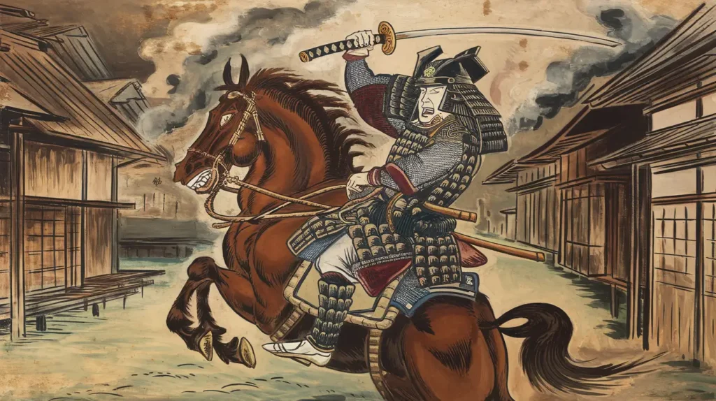 Samurai in horseback holding a tachi.