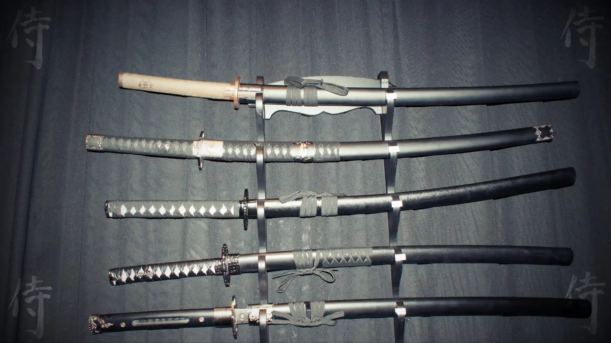 Multiple katana sword displayed.