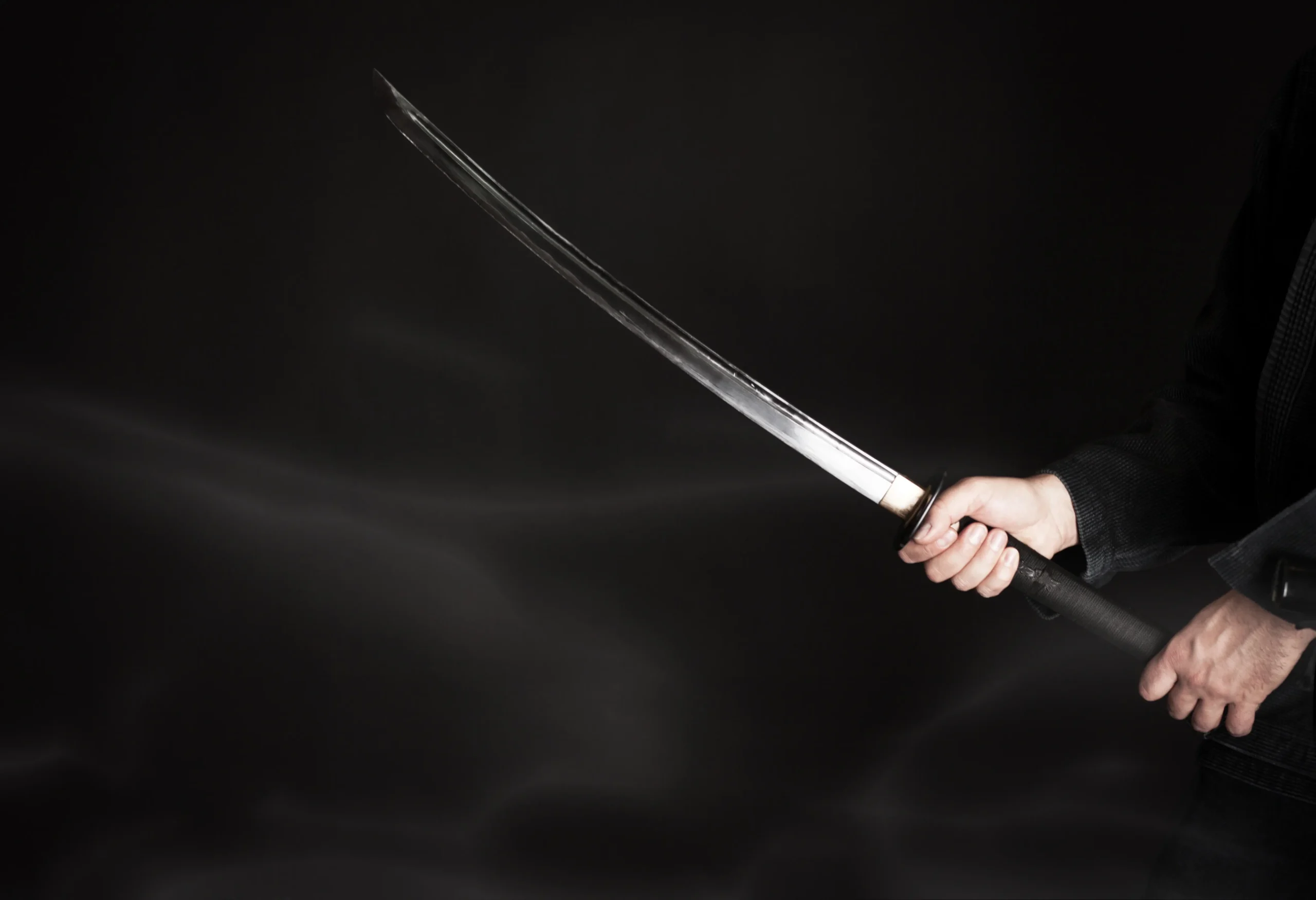 Person holding a katana sword in a defensive grip.