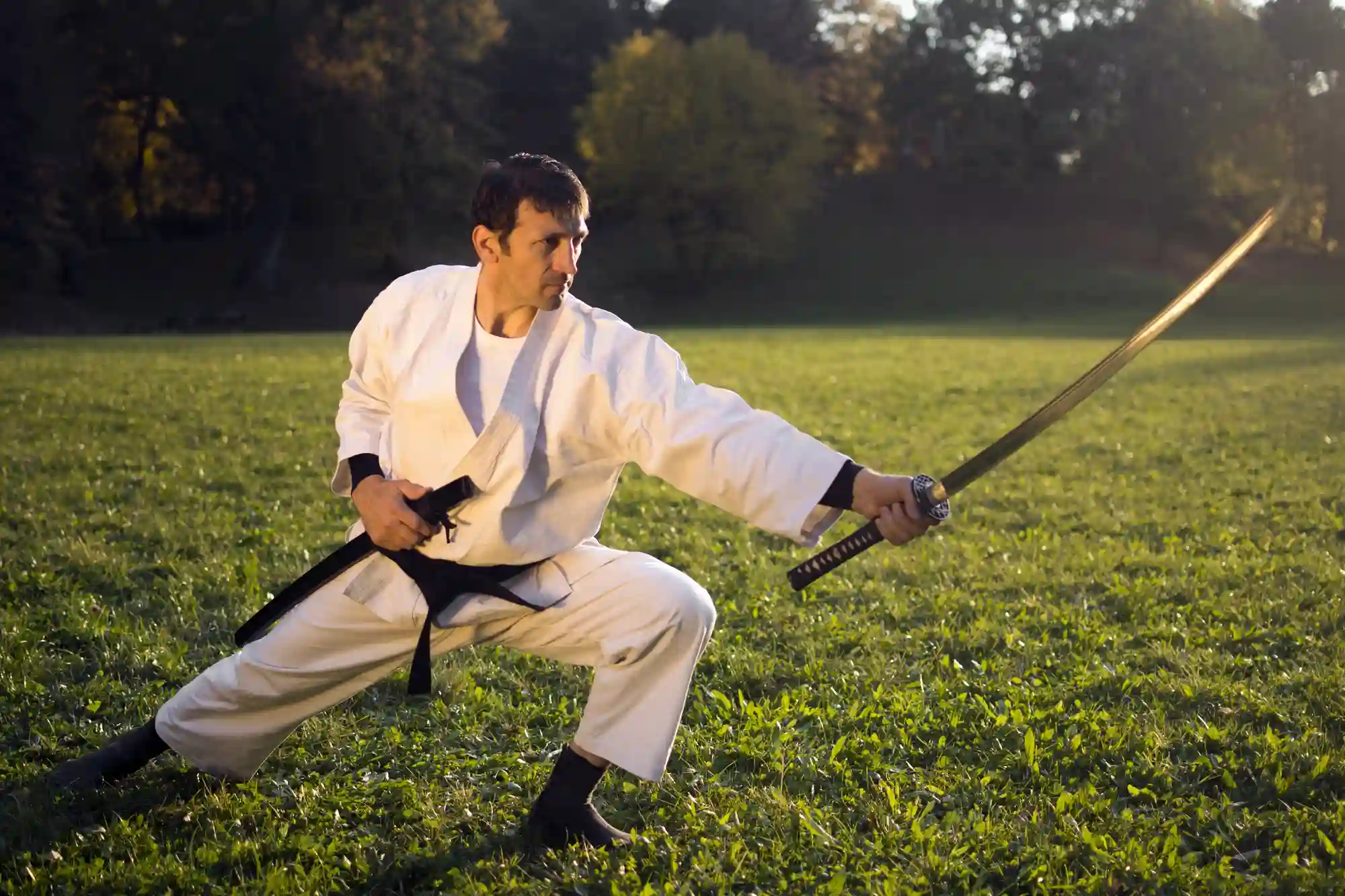 A man in a white kimono with a real katana practicing in a park.