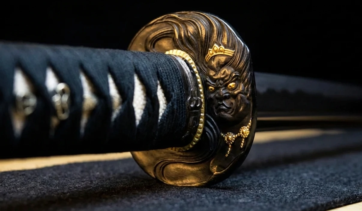 Dragon king savior katana tsuba designed with the kami spirit face theme