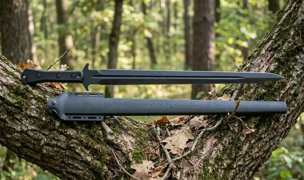 APOC Survival Broad Sword placed on a tree in the forest