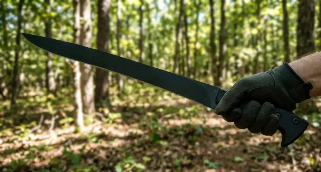 A person holding APOC Survival Yataghan in the wild