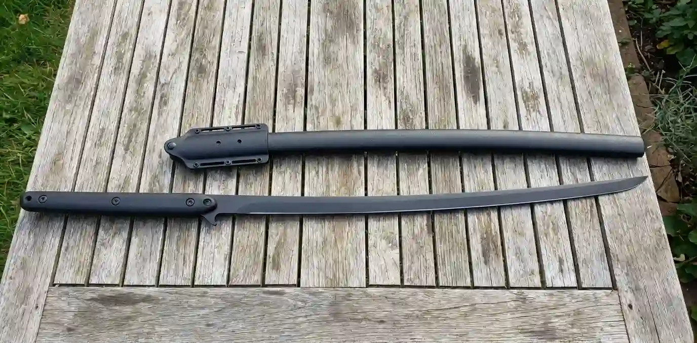 APOC Tactical Katana placed on a wooden table