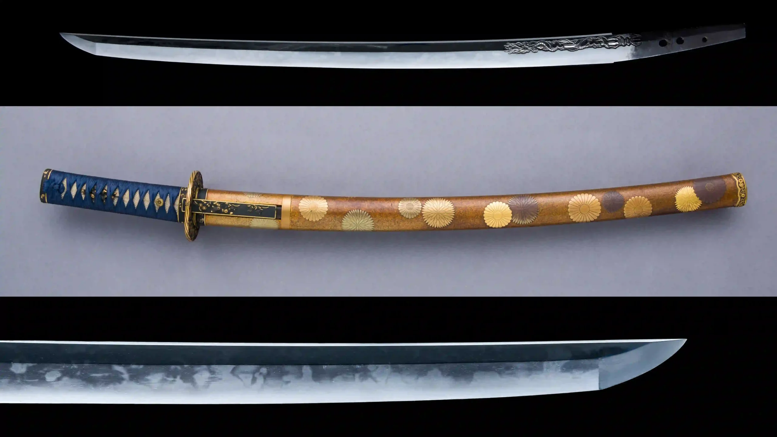Authentic wakizashi type(middle) with the full length blade highlighted(above) and the tip(below) that shows the Hamon