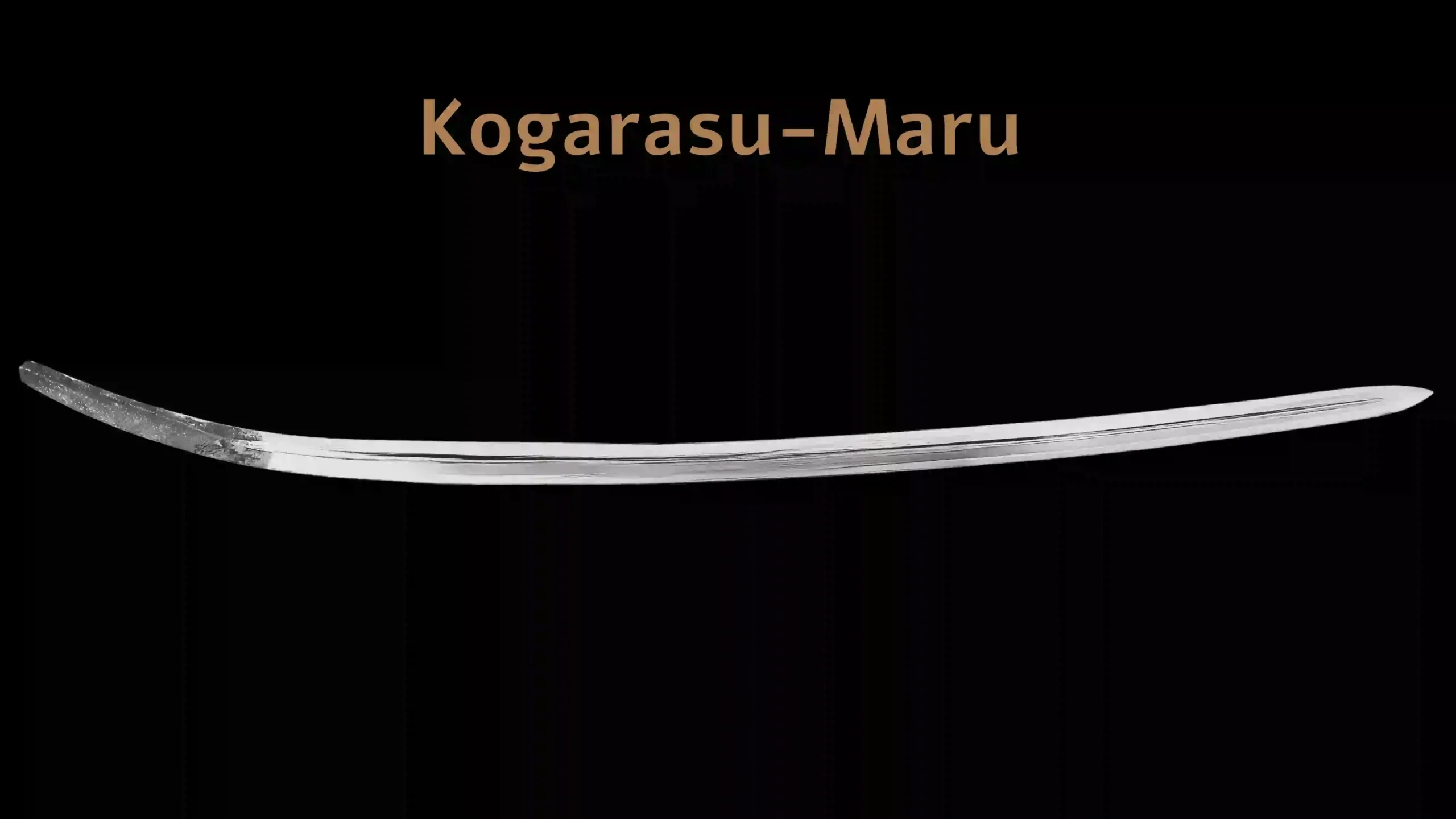 Kogarasu-maru Tachi full length blade displayed in dark background