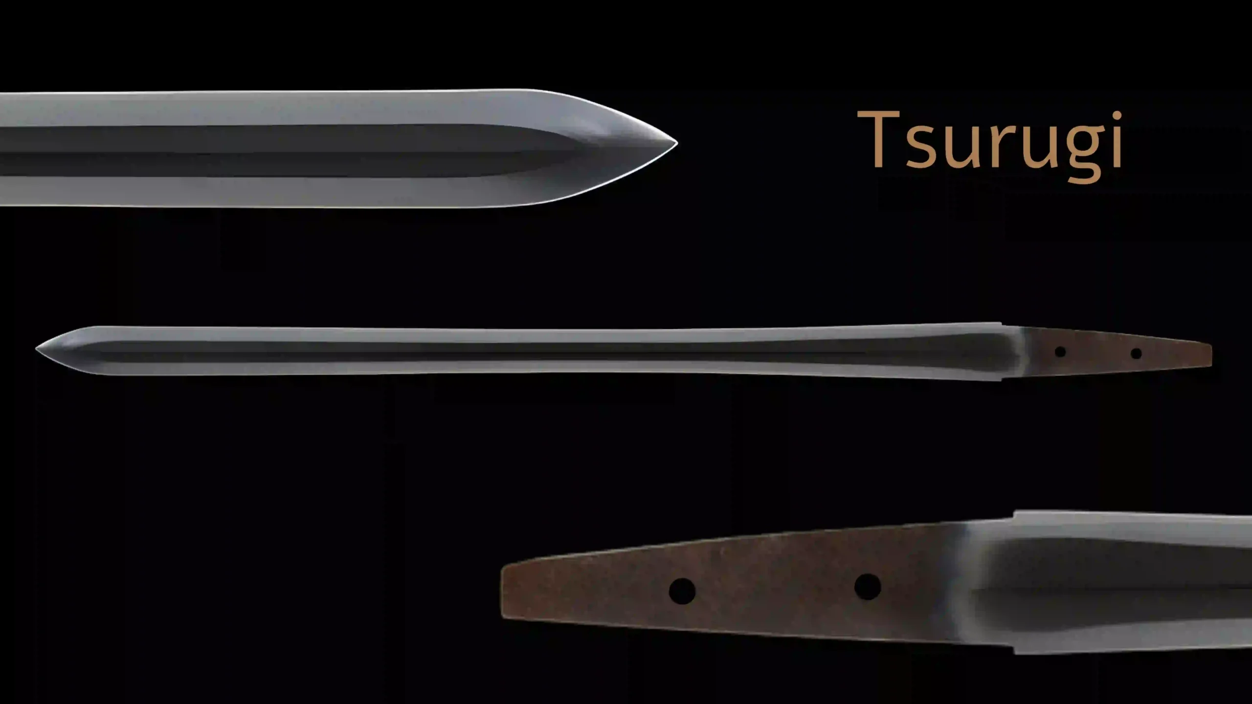 Japanese Tsuguri blade with the tang and tip highlighted