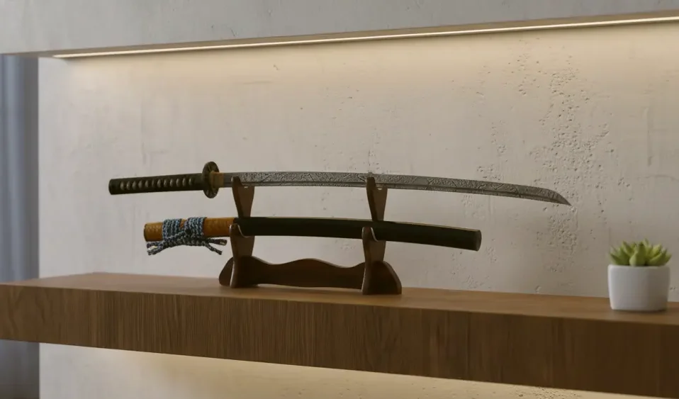 Damascus steel katana displayed in a katana kake