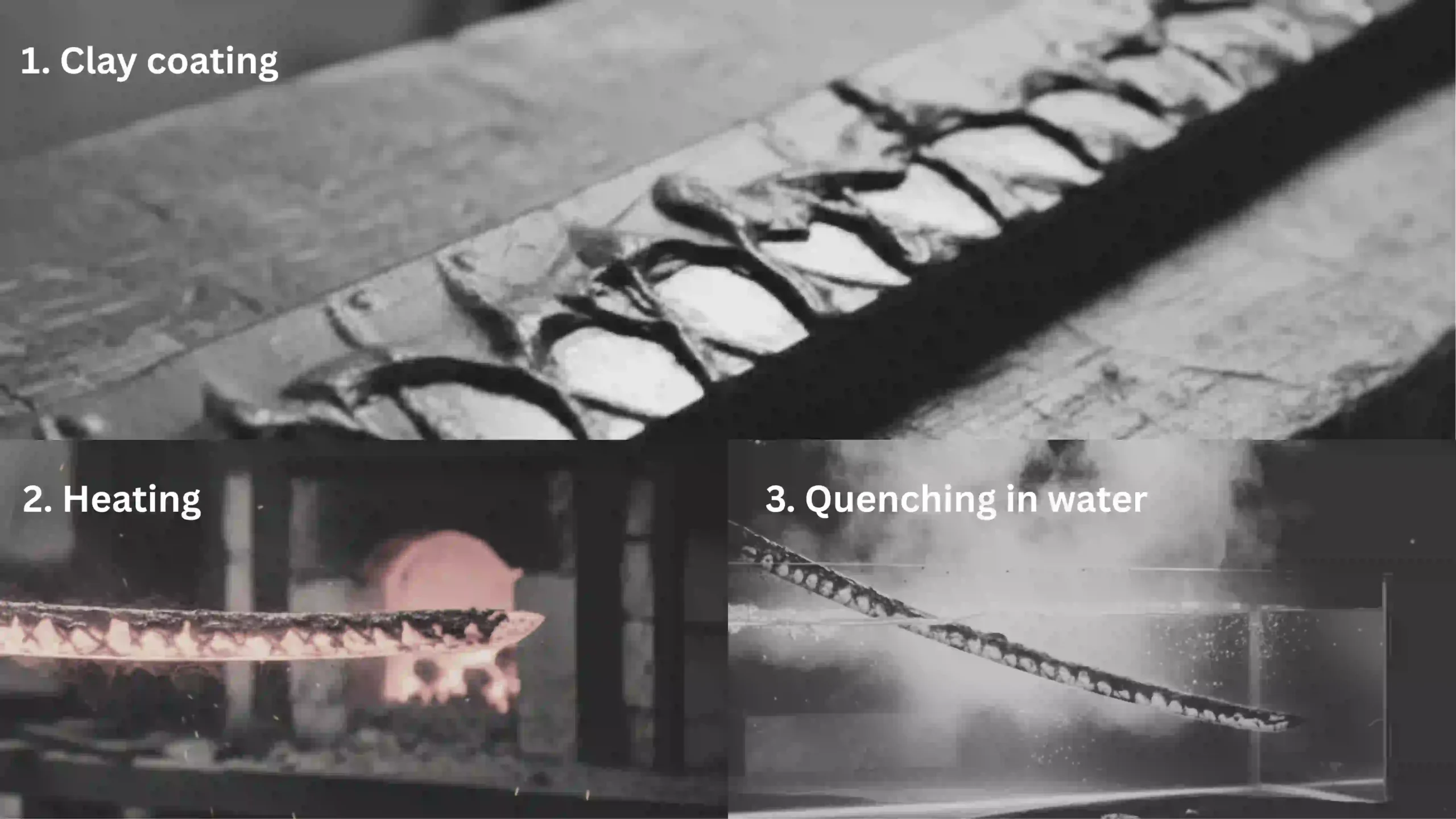 Three step process of differential hardening. Clay coating, heating and quenching.