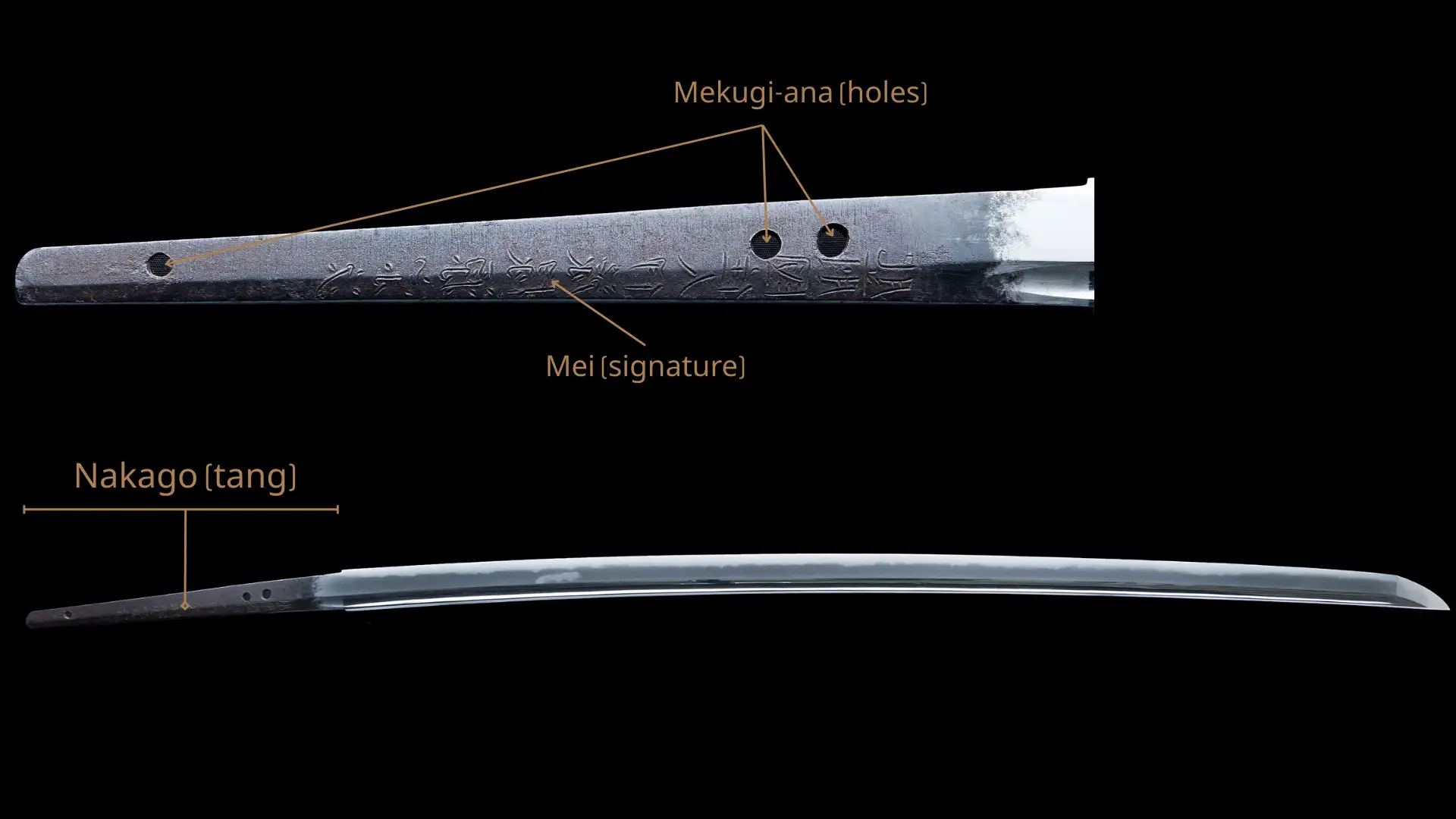 The nakago (tang) of a katana with the holes and signature highlighted
